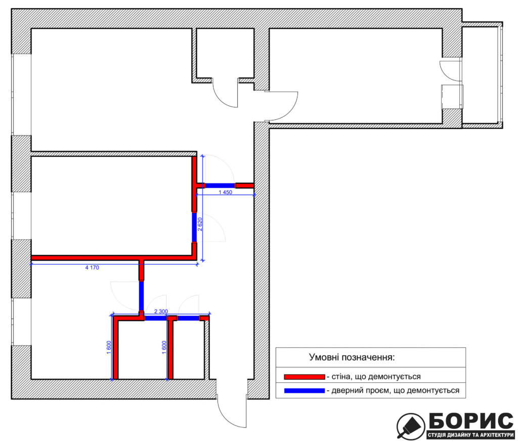 Дизайн интерьера квартиры ул. Юрия Паращука, чертеж демонтаж стен дверных проемов