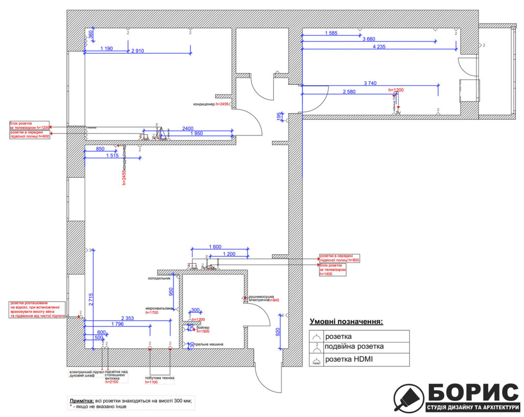 Дизайн интерьера квартиры ул. Юрия Паращука, чертеж розетки