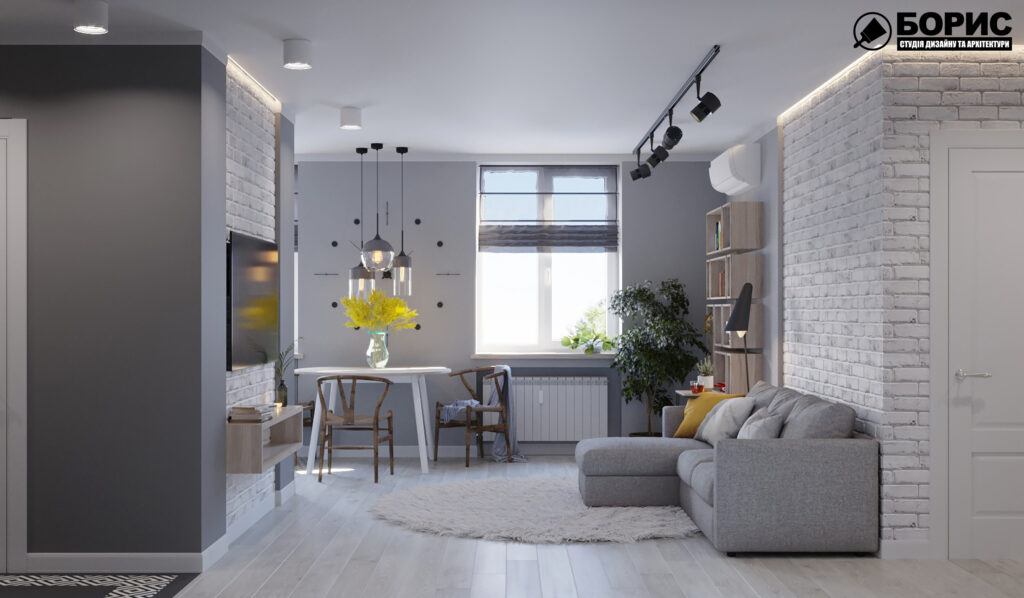 Дизайн интерьера квартиры ул. Юрия Паращука, гостиная вид слева