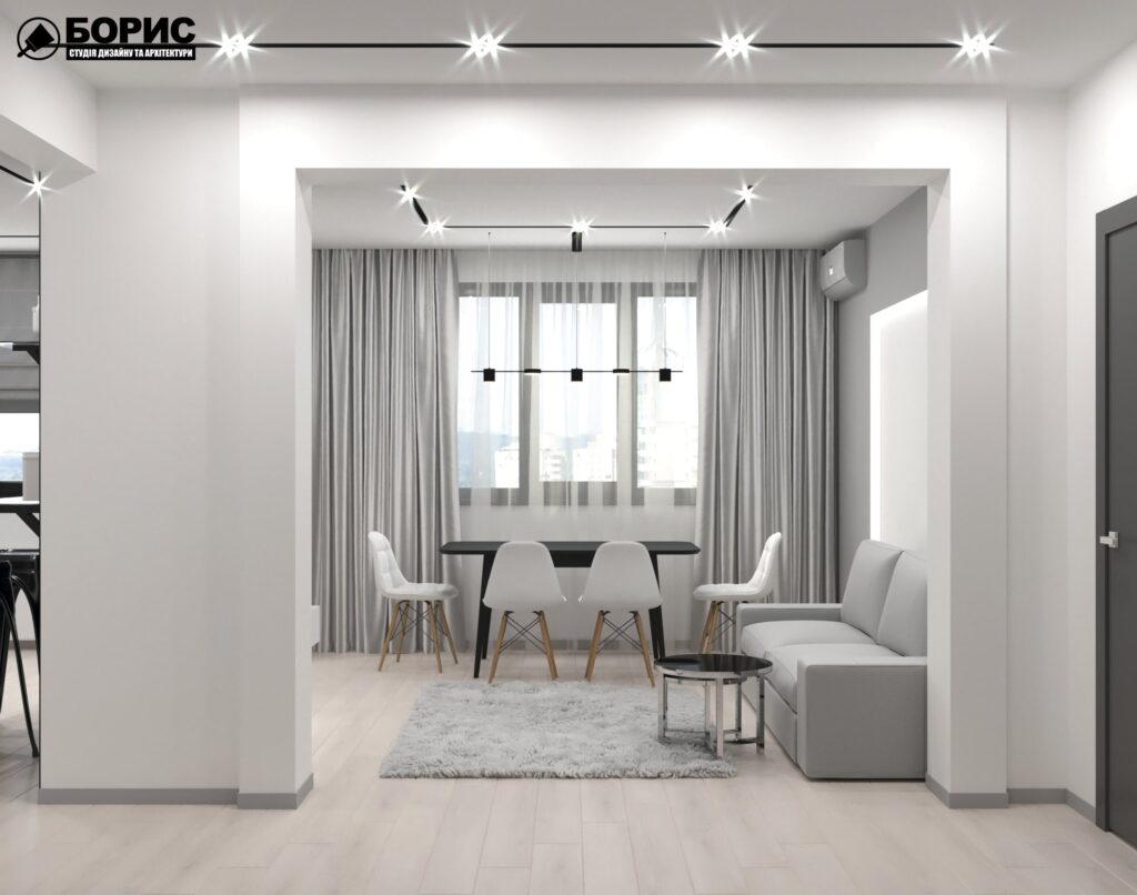 Дизайн-проект трехкомнатной квартиры по адресу: ул. Клочковская, 201-а, кухня вид с прихожей