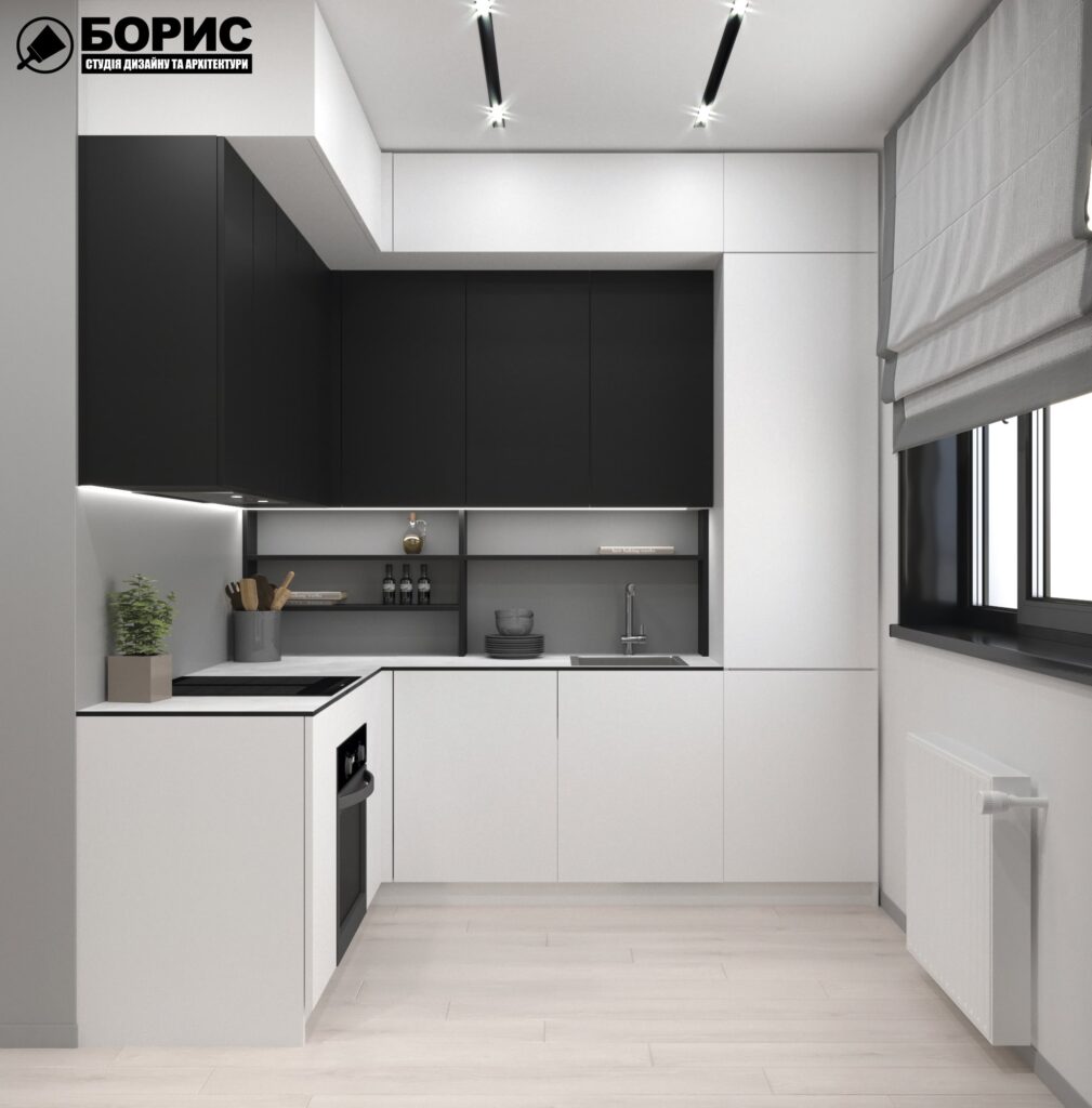 Дизайн-проект трехкомнатной квартиры по адресу: ул. Клочковская, 201-а, кухня вид спереди