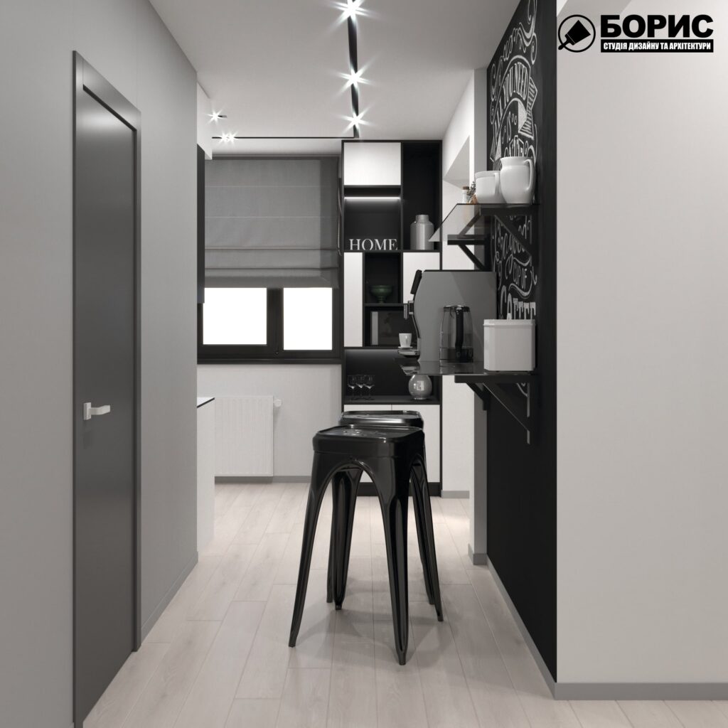 Дизайн-проект трикімнатної квартири за адресою: вул. Клочківська, 201-а, кухня вид з коридору