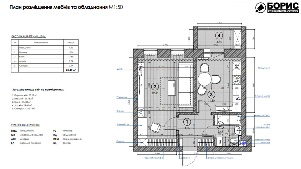Дизайн-проекту інтер'єру однокімнатної квартири ЖК "Левада 2", план розміщення меблів