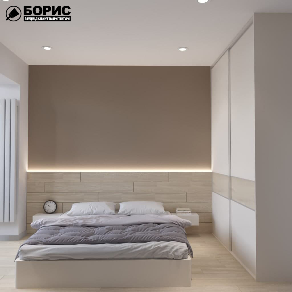 Дизайн-проект трехкомнатной квартиры по адресу: ул. Клочковская, 201-а, спальня вид спереди