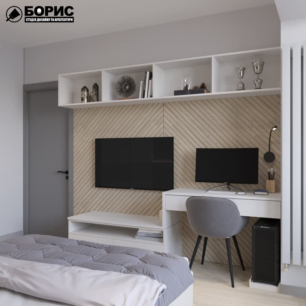 Дизайн-проект трикімнатної квартири за адресою: вул. Клочківська, 201-а, спальня вид ззаду