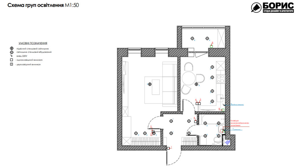 Дизайн-проекту інтер'єру однокімнатної квартири ЖК "Левада 2", план груп освітлення