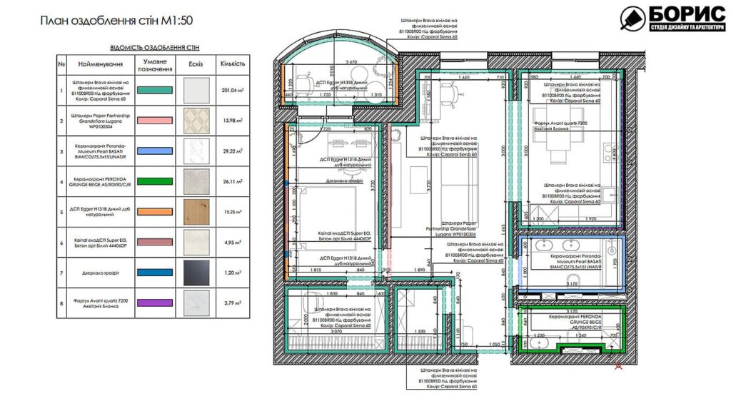 Дизайн интерьера квартиры ЖК "Инфинити", план отделки стен