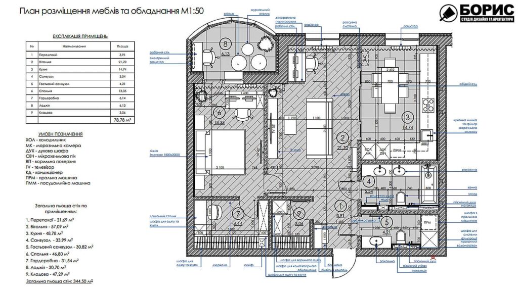 Дизайн интерьера квартиры ЖК "Инфинити", план размещения мебели и техники