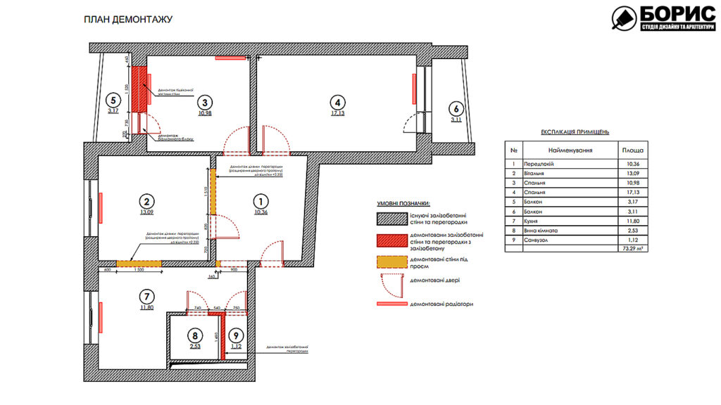 Дизайн-проект трикімнатної квартири за адресою: вул. Клочківська, 201-а, план демонтажу