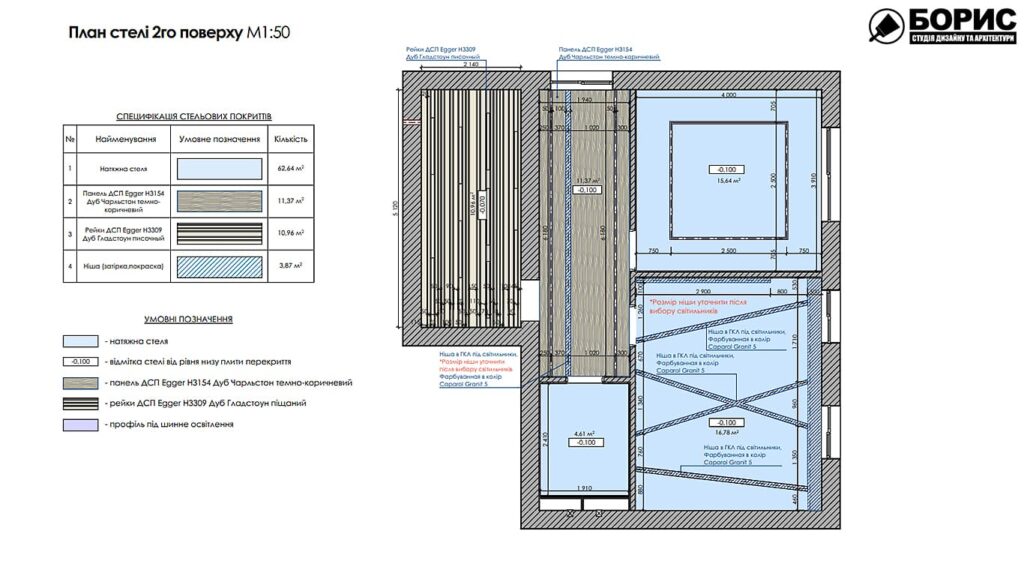 Дизайн-проект інтер'єру двоповерхової квартири в сел. Пісочин, план стелі 2й