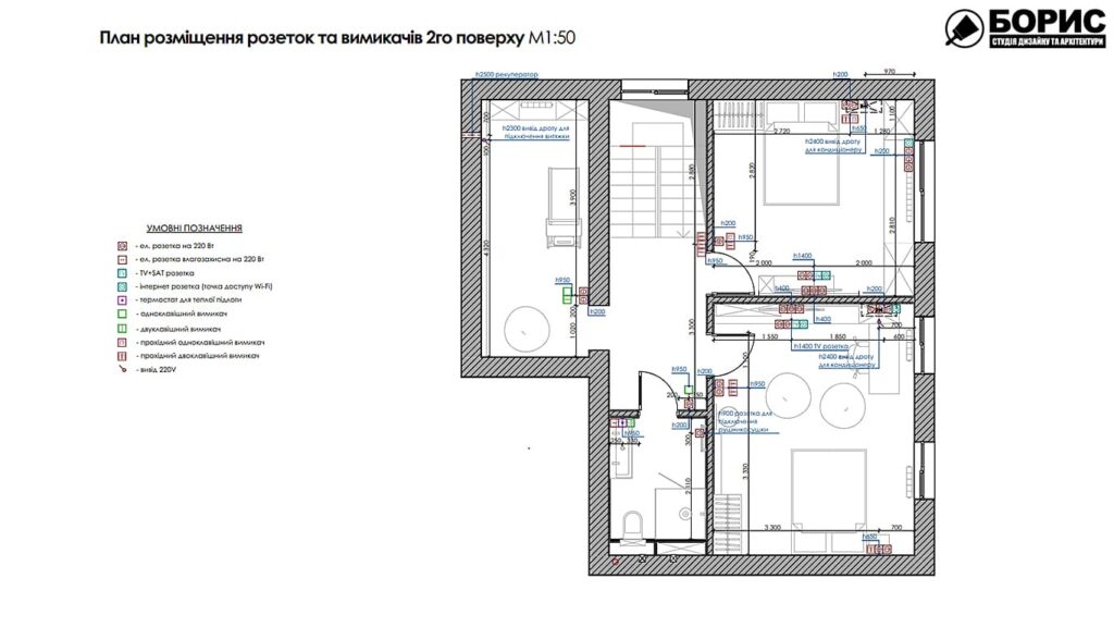 Дизайн-проект інтер'єру двоповерхової квартири в сел. Пісочин, план розеток та вимикачів 2й