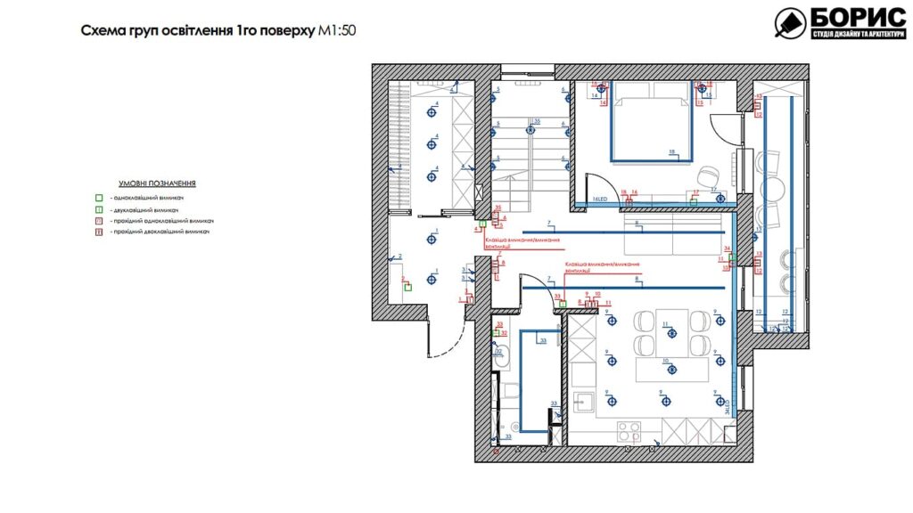 Дизайн-проект интерьера двухэтажной квартиры в пос. Песочин, план групп освещения 1й