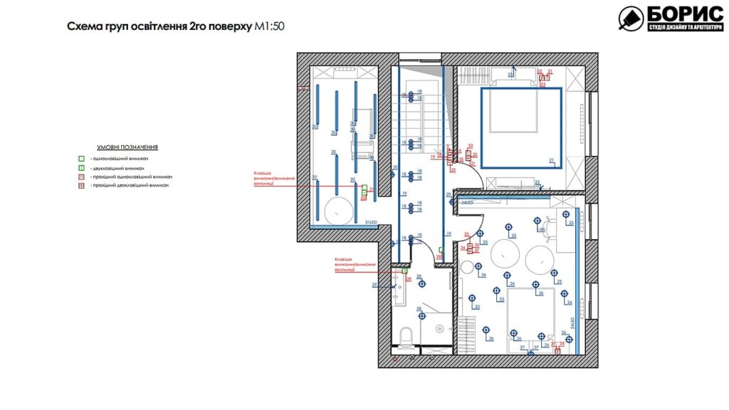 Дизайн-проект интерьера двухэтажной квартиры в пос. Песочин, план групп освещения 2й