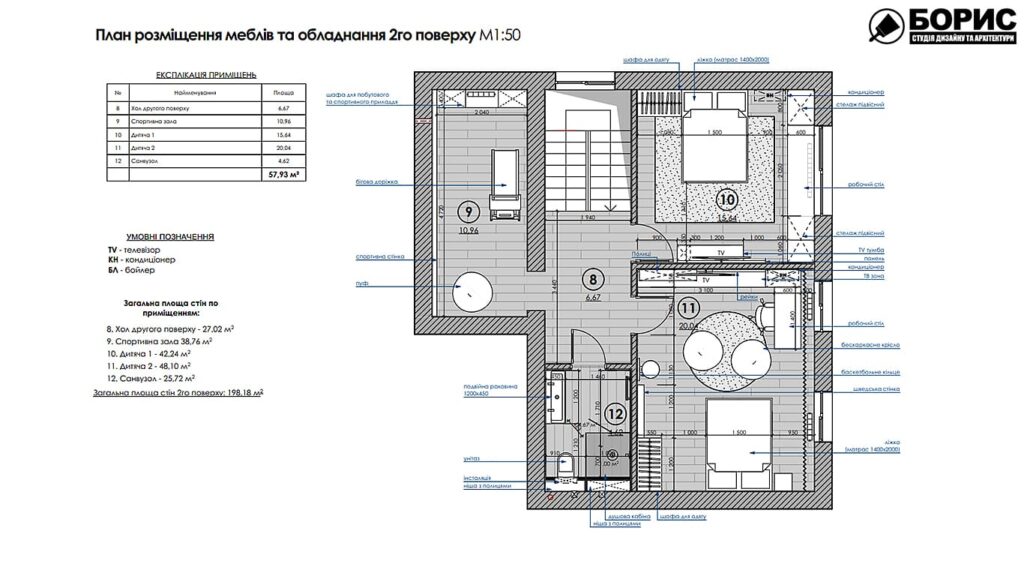 Дизайн-проект интерьера двухэтажной квартиры в пос. Песочин, план размещения мебели и оборудования 2й