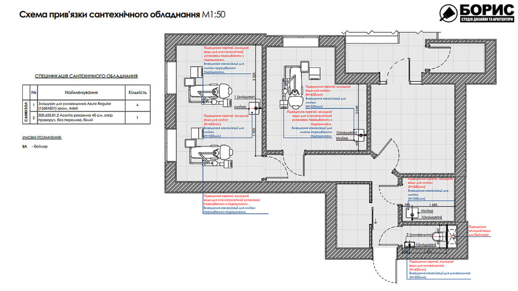 Дизайн-проект интерьера стоматологической клиники, план привязки сантехнического оборудования