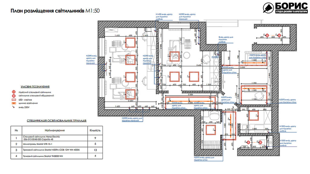 Дизайн-проект интерьера стоматологической клиники, план размещения светильников