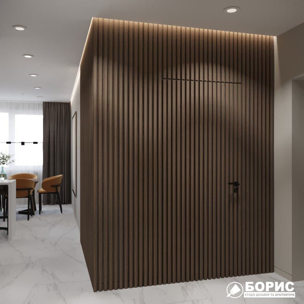 Дизайн-проект трикімнатної квартири ЖК "Віденський дім", кухня вид з коридору