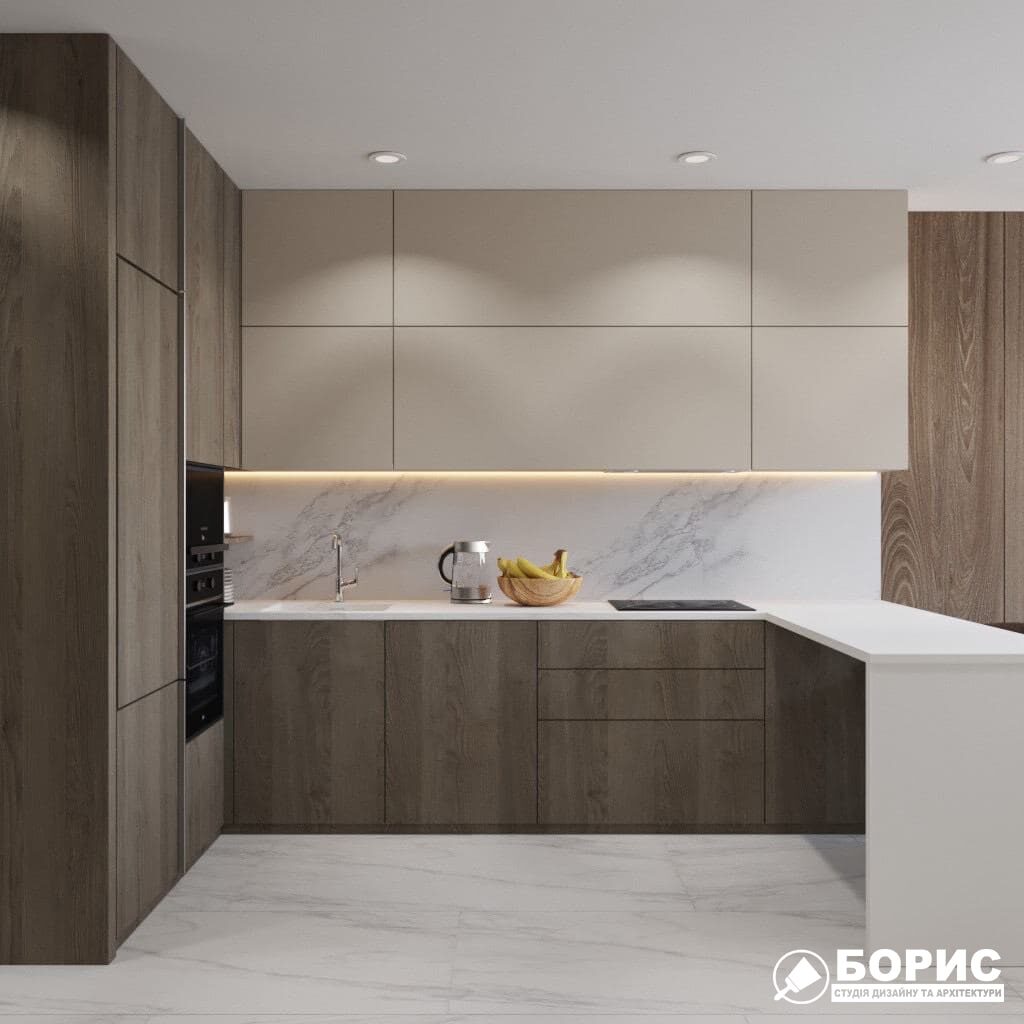 Дизайн-проект трикімнатної квартири ЖК "Віденський дім", кухня вид спереду