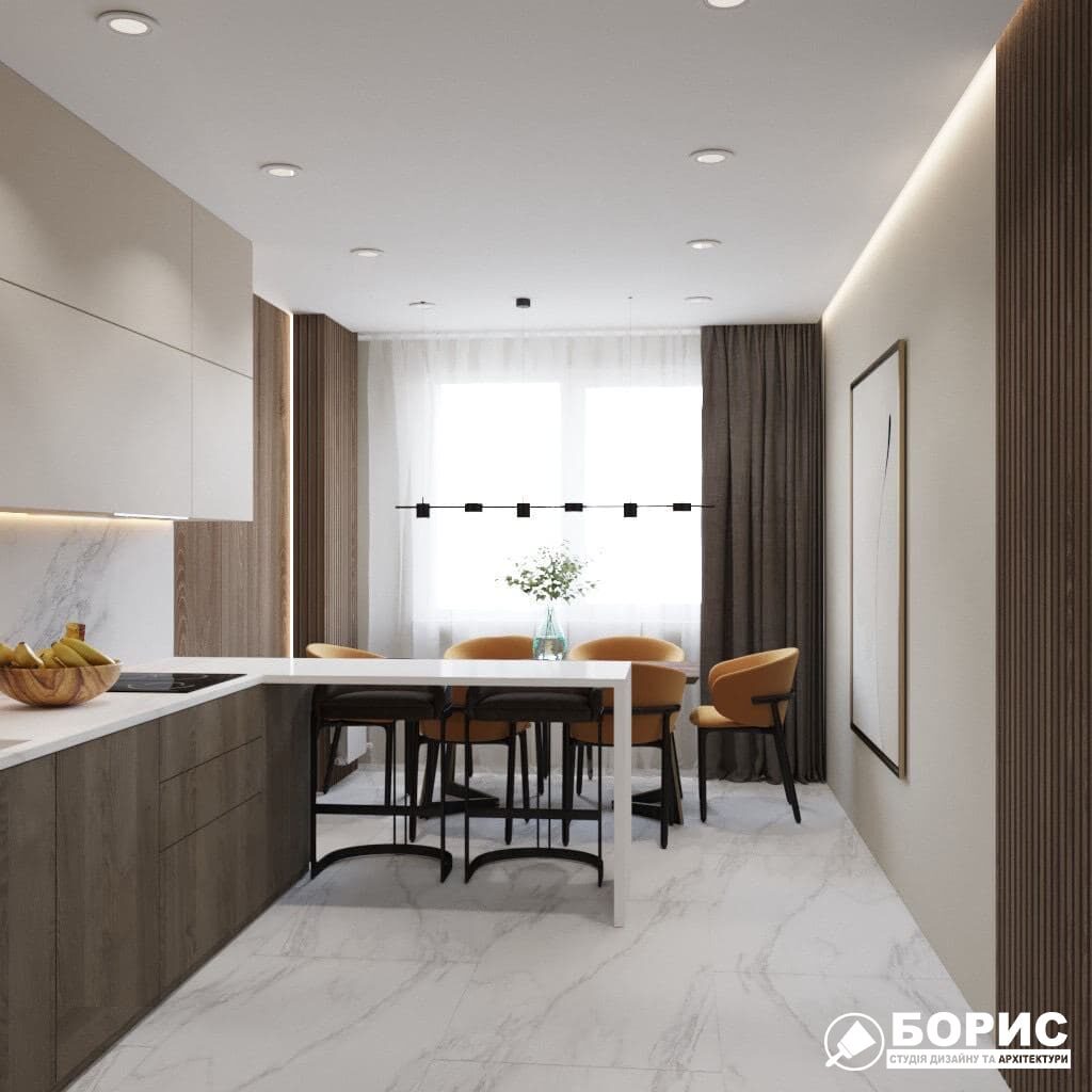 Дизайн-проект трикімнатної квартири ЖК "Віденський дім", кухня вид справа