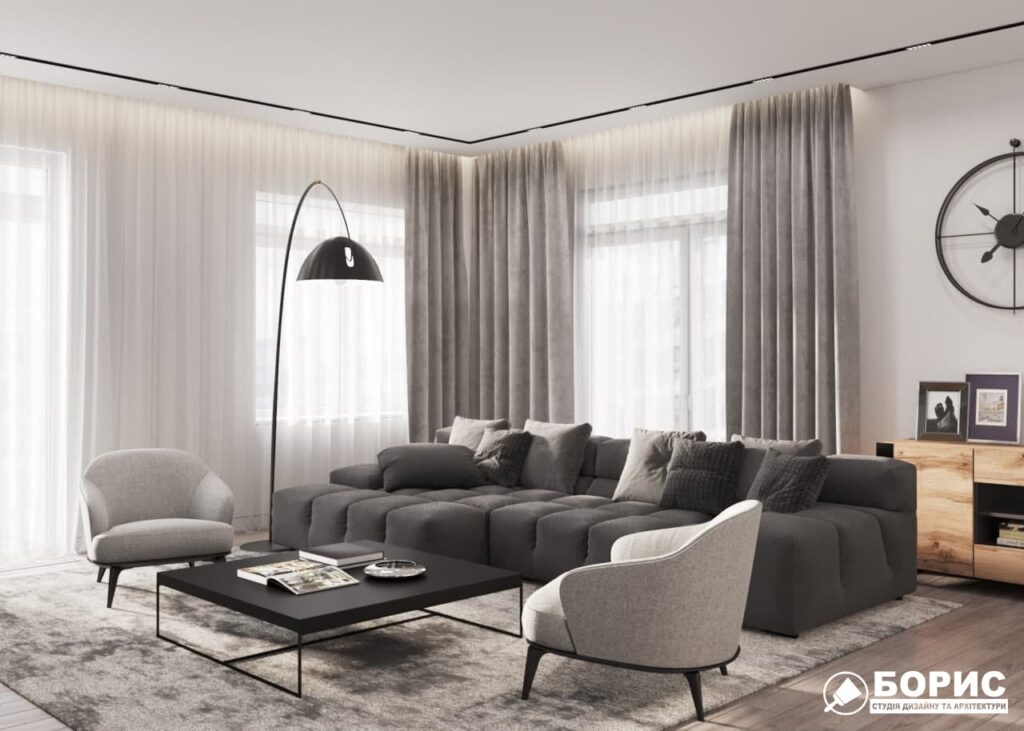 Дизайн-проект трикімнатної квартири ЖК "Віденський дім", вітальня вид збоку