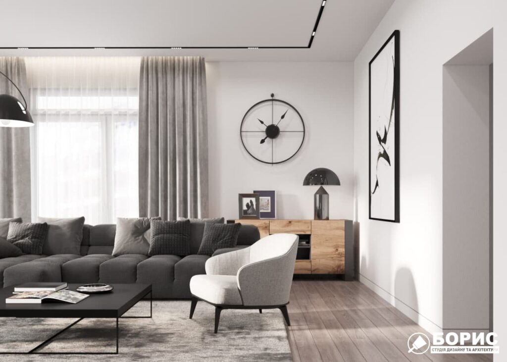 Дизайн-проект трикімнатної квартири ЖК "Віденський дім", вітальня вид зліва