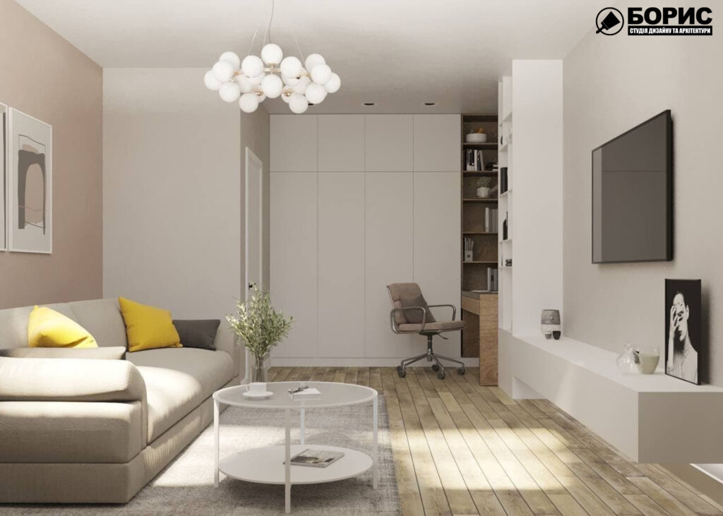 Дизайн-проект интерьера однокомнатной квартиры ЖК "Левада 2", гостиная вид на комнату в целом