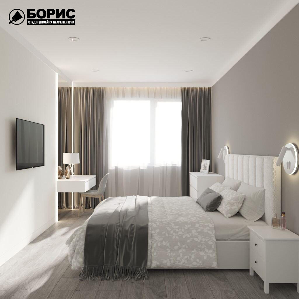Дизайн-проект трехкомнатной квартиры ЖК "Венский дом", спальня вид слева