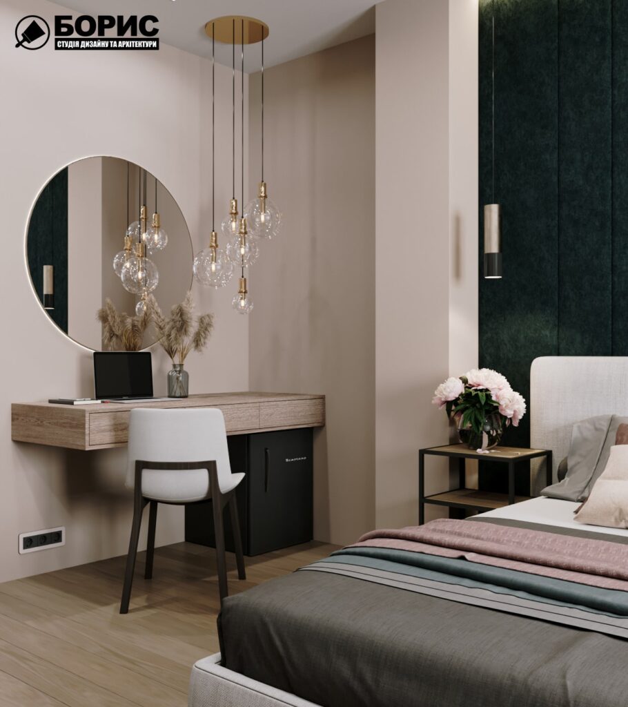 Дизайн-проект гостиницы "CITY LIFE", комната №1 вид слева, столик