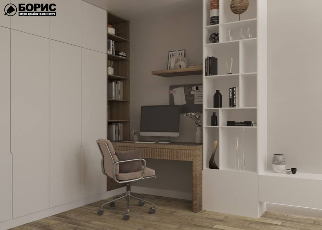 Дизайн-проект интерьера однокомнатной квартиры ЖК "Левада 2", гостиная вид на рабочую зону