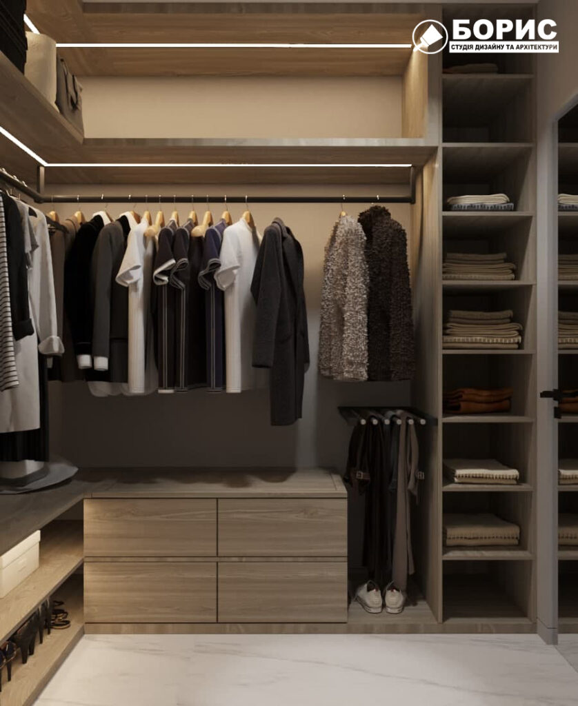 Дизайн-проект трехкомнатной квартиры ЖК "Венский дом", гардеробная вид спереди