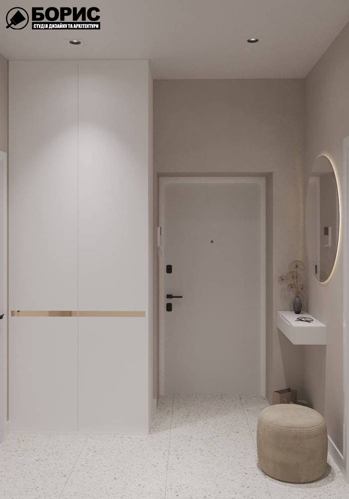 Дизайн-проект интерьера однокомнатной квартиры ЖК "Левада 2", прихожая вид на тумбу