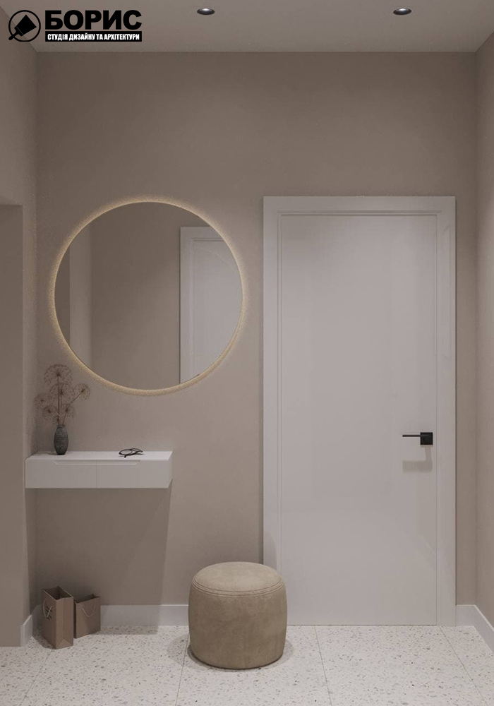 Дизайн-проект интерьера однокомнатной квартиры ЖК "Левада 2", прихожая вид на зеркало