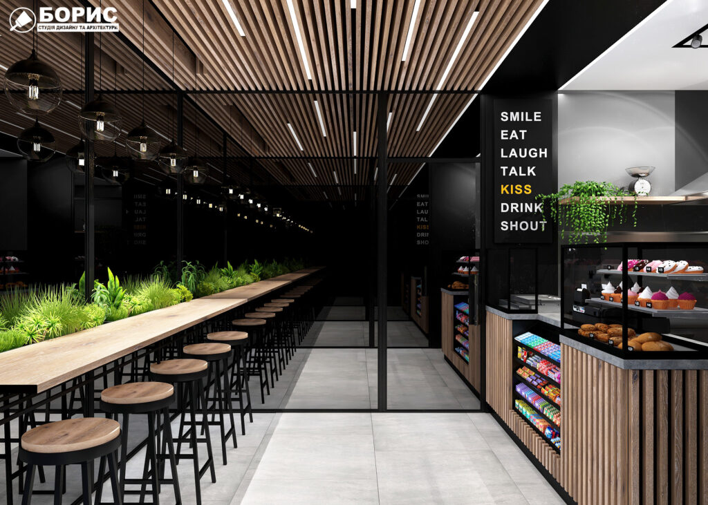Дизайн-проект интерьера кафе вид сбоку