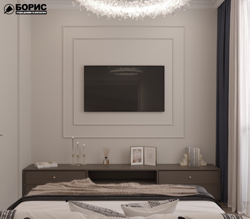 Дизайн-проект трёхкомнатной квартиры ЖК "Инфинити", спальня вид сзади