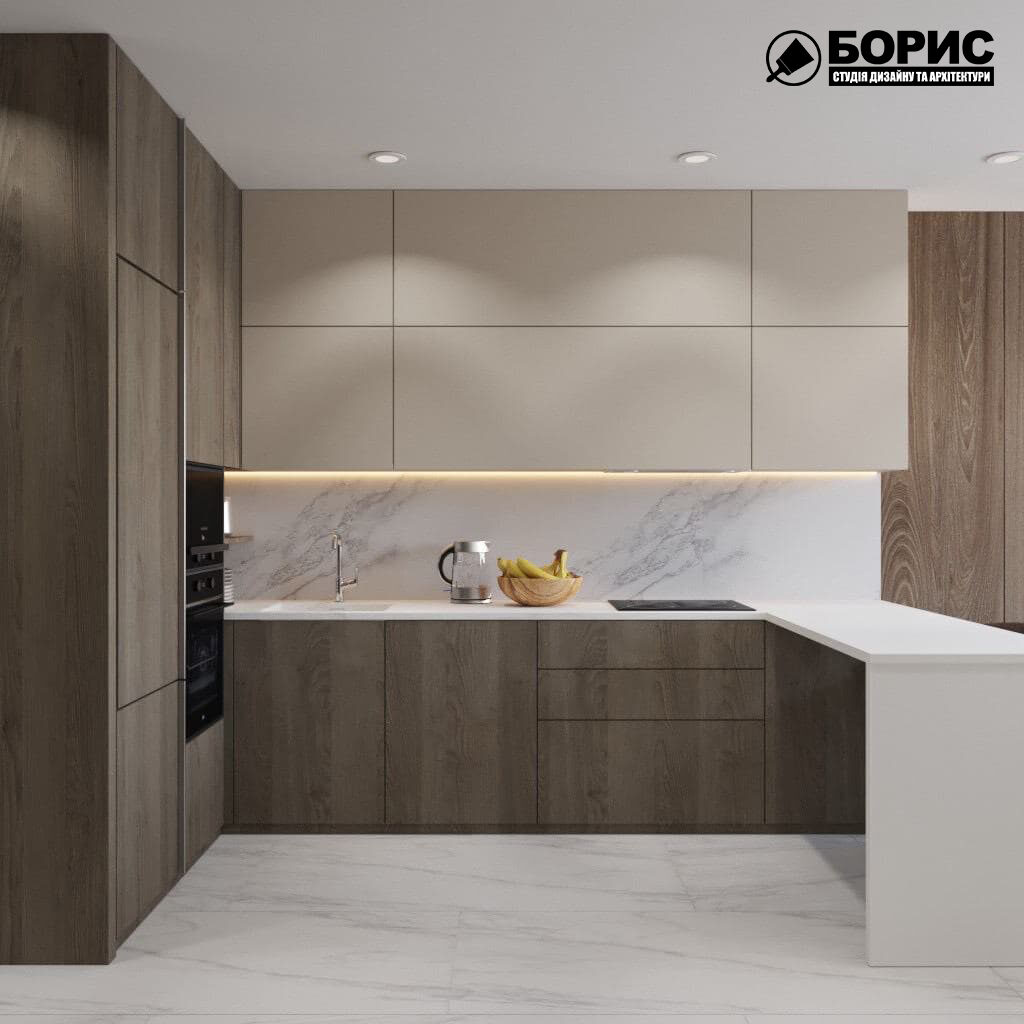 Дизайн-проект трехкомнатной квартиры ЖК "Венский дом", кухня вид спереди