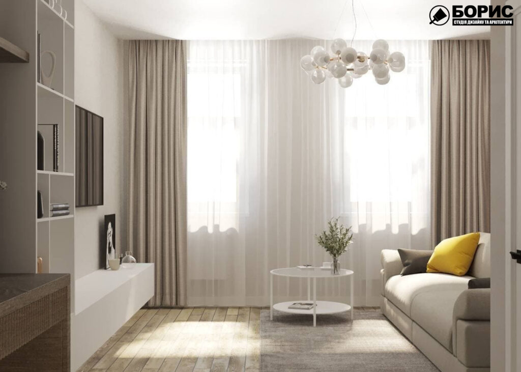 Дизайн-проект интерьера однокомнатной квартиры ЖК "Левада 2", гостиная вид на окно