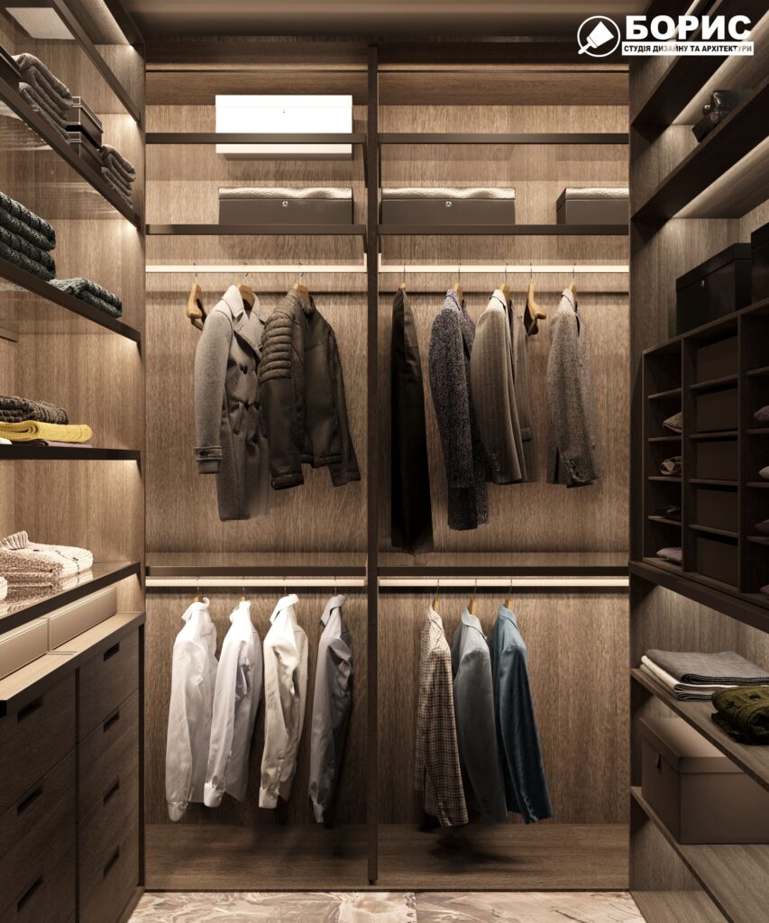 Дизайн-проект трёхкомнатной квартиры ЖК "Инфинити", гардеробная вид слева