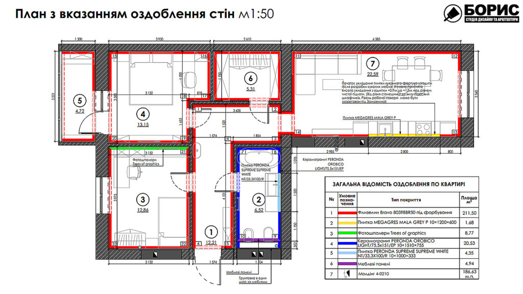 Дизайн-проект трёхкомнатной квартиры ЖК "Инфинити", план отделки стен