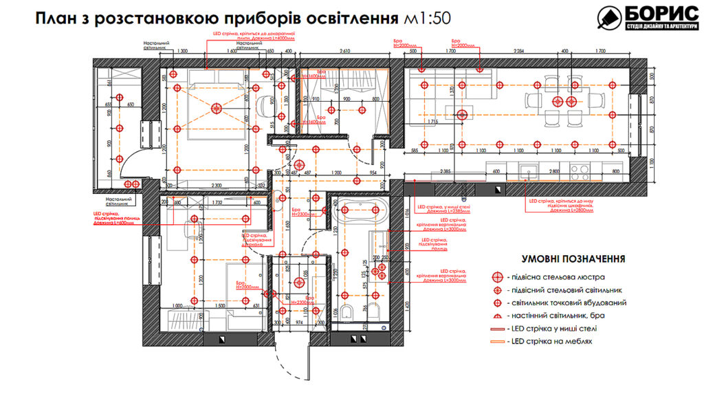 Дизайн-проект трикімнатної квартири ЖК "Інфініті", план розміщення світильників