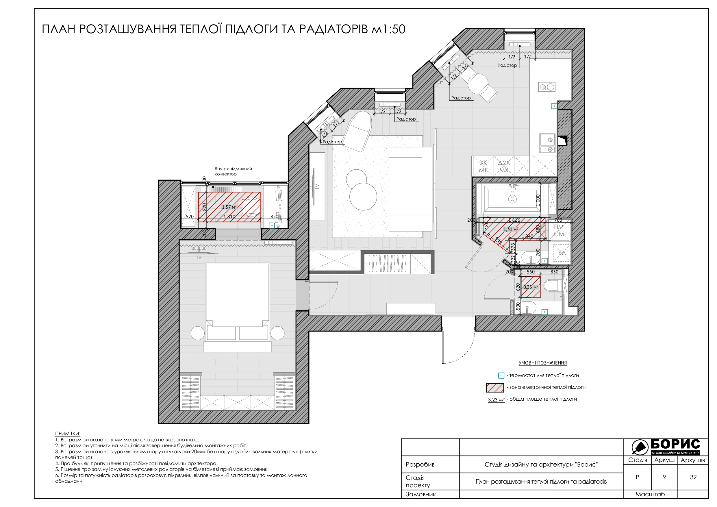 Склад дизайн-проекту інтер'єру, план теплої підлоги, радіаторів