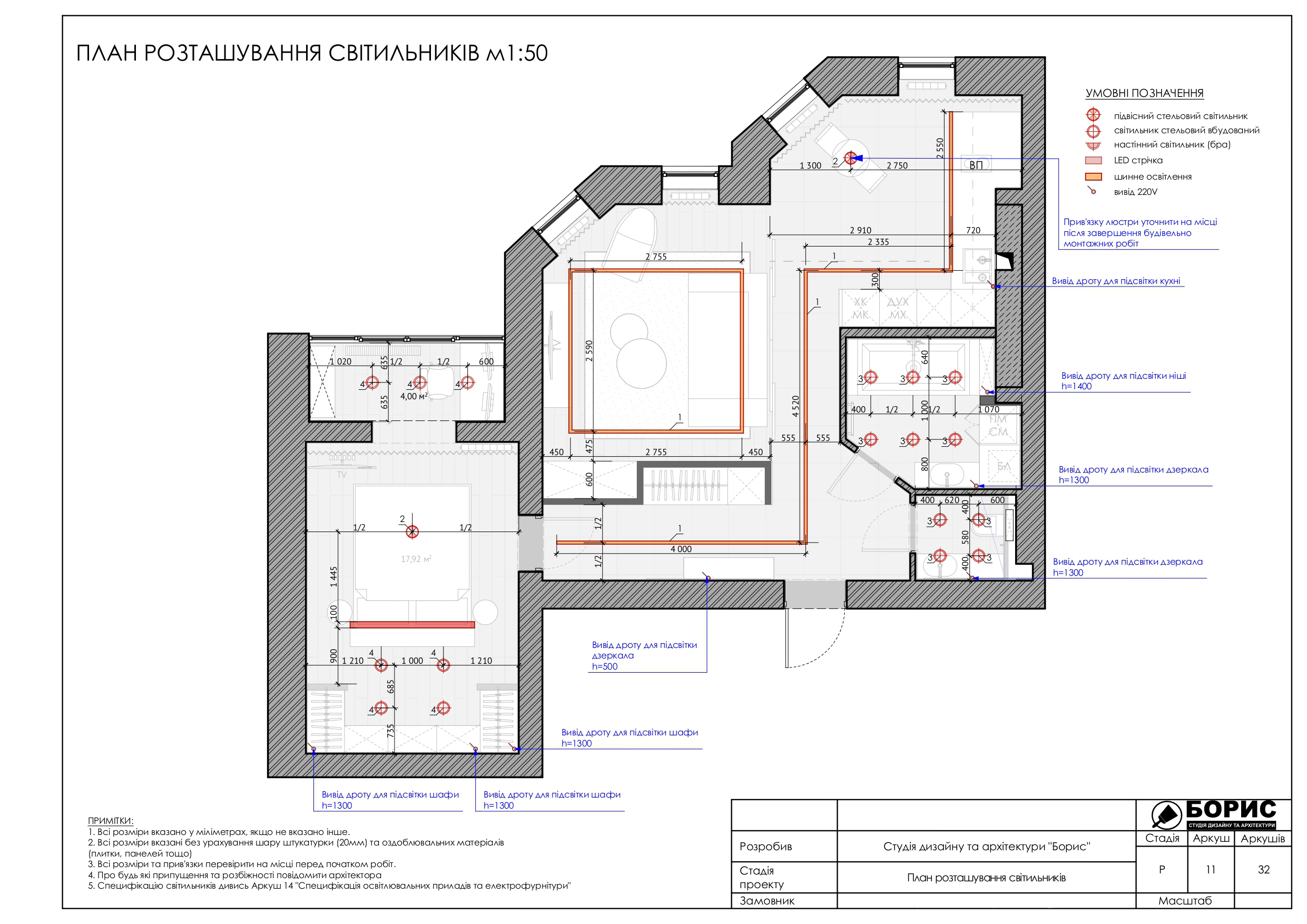 Склад дизайн-проекту інтер'єру, план освітлення