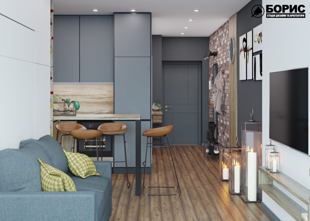 Дизайн інтер'єру квартири-студії, спальня-кухня вид ззаду