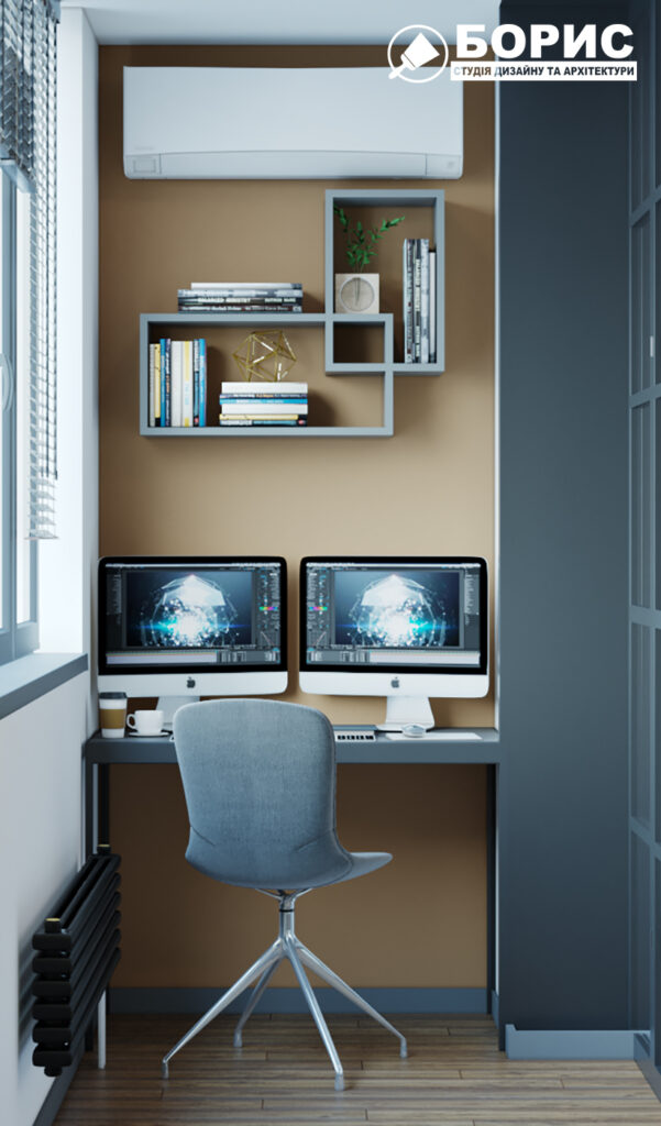 Дизайн интерьера квартиры-студии, балкон вид справа