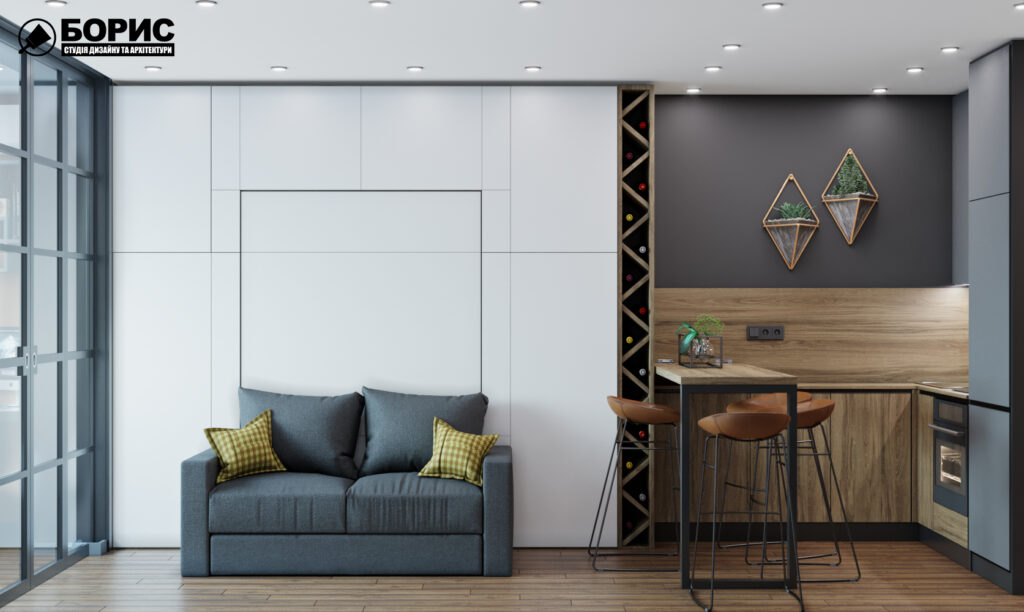 Дизайн інтер'єру квартири-студії, спальня-кухня вид справа