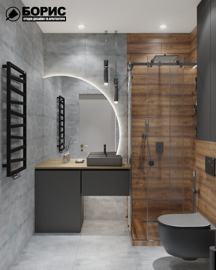 Дизайн интерьера квартиры-студии, санузел вид спереди