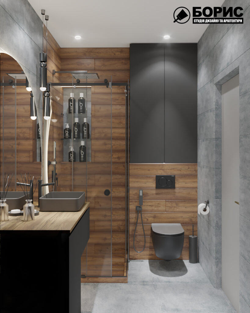 Дизайн интерьера квартиры-студии, санузел вид справа