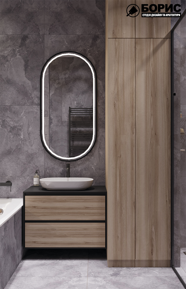 Дизайн-проект квартири по вул. Семінарській, ванна вид на дзеркало по центру