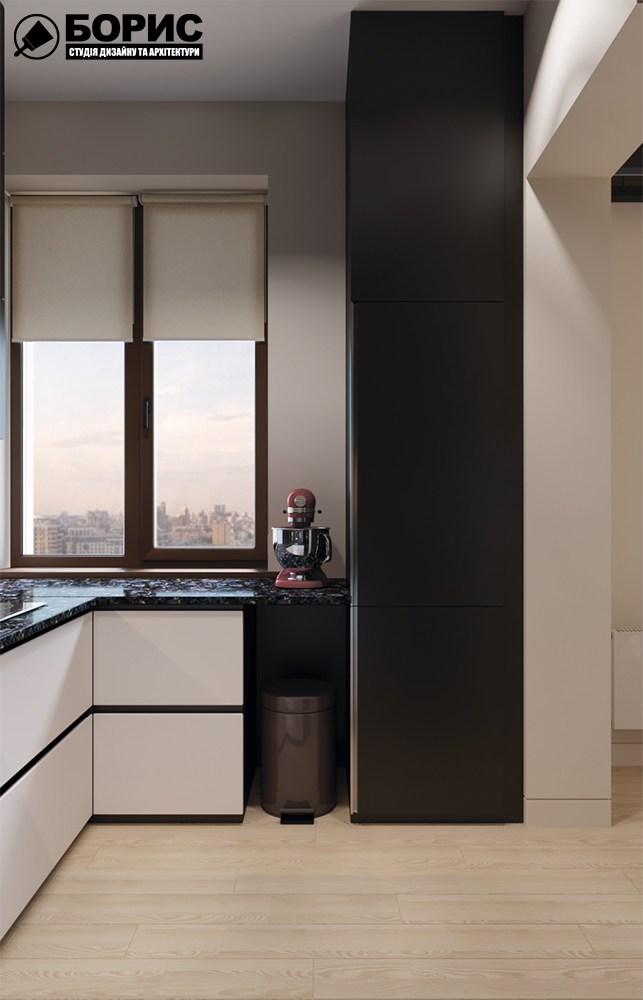 Дизайн-проект квартиры по ул. Семинарской, кухня вид под углом на окно