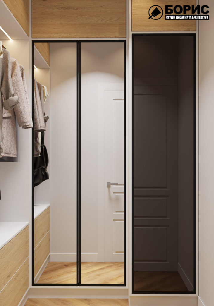 Дизайн интерьера квартиры ЖК «Инфинити», кладовая вид на закрытые двери шкафа