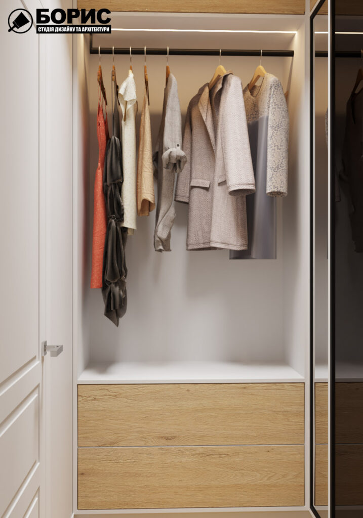Дизайн интерьера квартиры ЖК «Инфинити», кладовая вид на открытую дверь шкафа